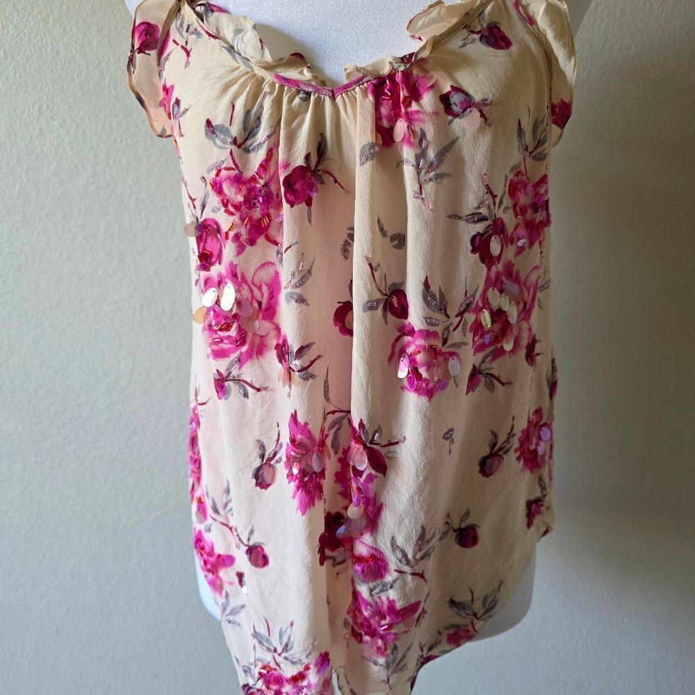 Rebecca Taylor 100% Silk Rose Garden Pink Sequin Beaded Ruffle Blouse Size 2 - Picture 3 of 9